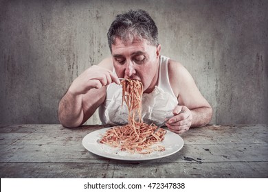 Man Eating Spaghetti, Overeating Adult. 