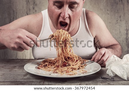 Man eating spaghetti, overeating adult.