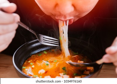 Man Eating Very Hot And Spicy Noodle Tasty Yummy Meal