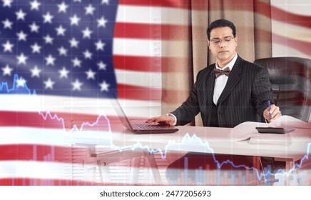 Man economist from USA. Financial analyst working in office. Economist with US flag. Falling graph crisis. Man analyst predicts crisis in America. Financial statements on desk of US accountant - Powered by Shutterstock