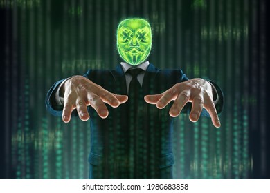 man in electronic hologram mask, hacker, puppeteer. The concept of world conspiracy, world government, manipulation, world control