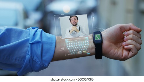 Man Elegant Suit Responds, With The Phone High Technology With Holography And Augmented Reality, To The Doctor For Treatment. Concept: Immersive Technology,futuristic Medicine, Congresses And Meetings