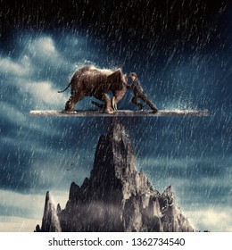 Man And An Elephant Pushing Eachother And Balacing On Top Of A Peak In The Rain.