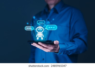 Man engages in conversation with a friendly AI chatbot on his smartphone, showcasing the power of intelligent, automated customer service - Powered by Shutterstock