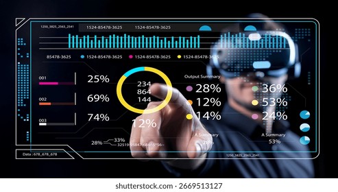 A man engages with a digital data interface while wearing a virtual reality headset, showcasing advanced technology, analytics, and immersive user interaction.