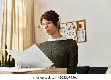 A man engages in focused study while examining his work in a tranquil setting at home.