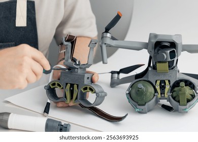 Man engineer designer assembles device for dropping grenades from army drone. Concept military UAVs robot using in weapon, plane for war.