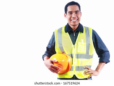 Man Engineer Holding Yellow Helmet Isolated On White Background