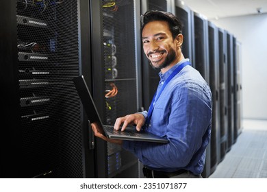 Man, engineering computer and server room, data center and portrait for system solution, electrician inspection or cybersecurity. IT person on laptop internet upgrade, business network or programming - Powered by Shutterstock