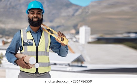 Man, engineering portrait and tools in city or rooftop building for project management, planning or development. Construction worker or african builder for architecture floor plan or blueprint design - Shutterstock ID 2364786559
