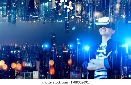 A Man enjoy metaverse VR goggle intelligence, smart city IOT internet of thing digital technology futuristic background, Smart digital lifestyle AR augmented reality, world connect with technology. - Powered by Shutterstock