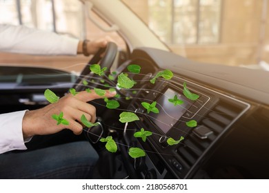 Man enjoying driving car feeling mint scent from ventilation, closeup. Air freshener