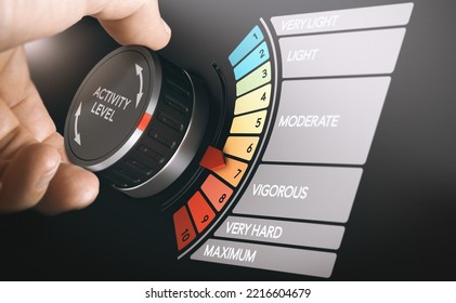 Man evaluating his training to level seven. RPE, Rating of Perceived Exertion concept. Composite image between a hand photography and a 3D background. - Shutterstock ID 2216604679