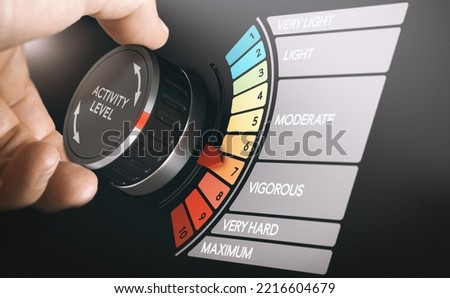 Man evaluating his training to level seven. RPE, Rating of Perceived Exertion concept. Composite image between a hand photography and a 3D background.