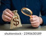 A man examines a dollar money bag through a magnifying glass. Investigating capital origins. Anti money laundering, tax evasion. Study terms and conditions on deposit or loan. Find investments