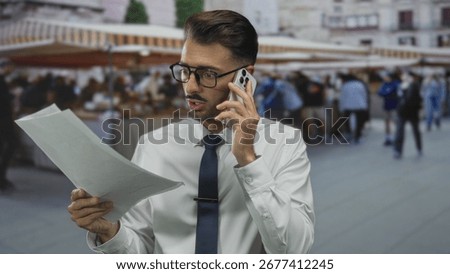 Man examines printed report while holding smartphone to ear on a busy street market and scans graphs; urgent focus.