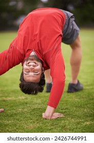 Man, exercise and grass with stretching back, arching and workout for fitness in summer. Person, training and outdoor in portrait for muscle health with balance, wellness or nature on lawn in England
