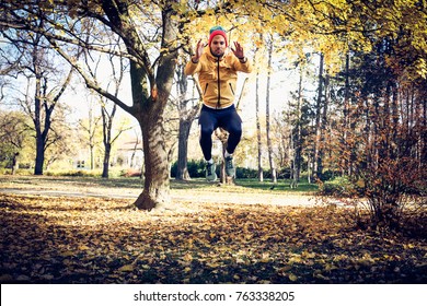 Man Exercise Jump Squat. On The Move. 