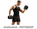 Man exercising weight training with a dumbbell isolated on white background, sport and fitness concept