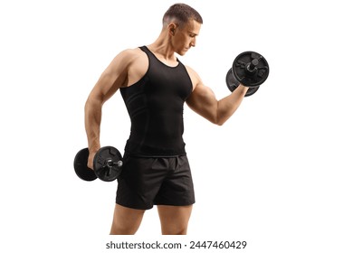 Man exercising weight training with a dumbbell isolated on white background, sport and fitness concept