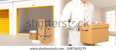 Man exit storage unit. Guy takes box out of warehouse. Open storage unit behind person. Cropped male owner of personal warehouse. Storage unit for temporary safekeeping. Boxes near street storehouse