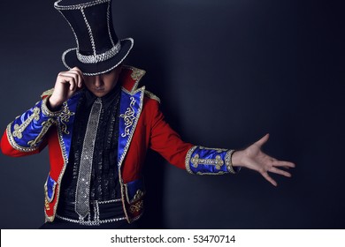 Man in expensive suit of illusionist-conjurer. Photo with copyspace.