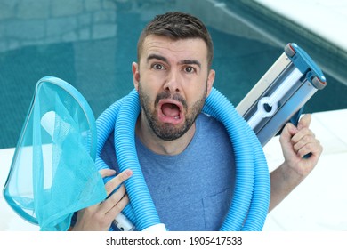 Man Experimenting Problems With Swimming Pool Maintenance