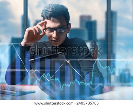 Man expert. Business male with tablet sitting in office. Puzzled company manager. Business analyst studying charts. Guy works as statistician in investment corporation. Man watches stock price fall