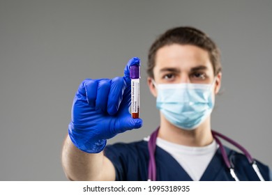 Man Expert Doc Virologist Hold Sick Covid Patient Blood Probe Showing Positive Negative Result Isolated Grey Color Background