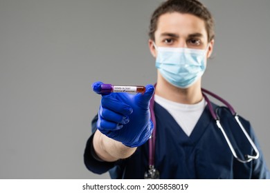 Man Expert Doc Virologist Hold Sick Covid Patient Blood Probe Showing Positive Negative Result Isolated Grey Color Background