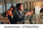Man, explain and headset with computer in call centre for customer service, online query and billing. Agent, pc and consultation for payment solution, client information and script for refund request