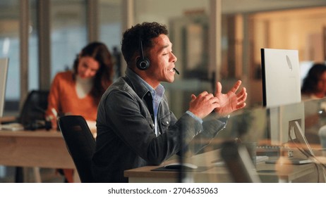 Man, explain and headset with computer in call centre for customer service, online query and billing. Agent, pc and consultation for payment solution, client information and script for refund request