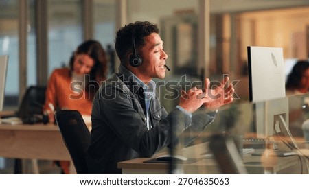 Man, explain and headset with computer in call centre for customer service, online query and billing. Agent, pc and consultation for payment solution, client information and script for refund request