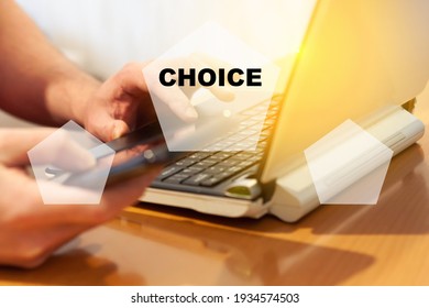 The Man Explores A Choice Of 2 Categories. The Right Choice, The Best Option.