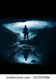 Man Exploring Underground Tunnel, Dark Cave Landscape