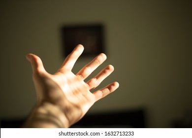 man extended his hand and holds the palm of his hand wide open as the sun shines on it through window blinds on a sunny day. - Shutterstock ID 1632713233