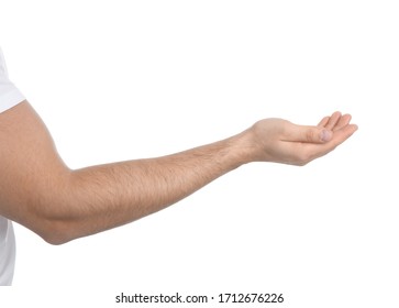 Man extending hand on white background, closeup