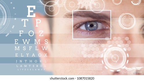 man with eye focus box detail and lines and Eye test interface