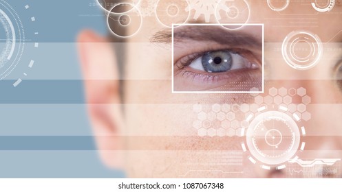 man with eye focus box detail and lines interface