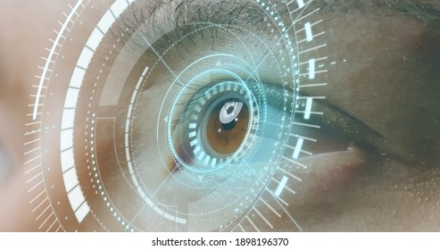 Man Eye With Futuristic Vision System - Concept Of Control And Security In The Accesses Technology