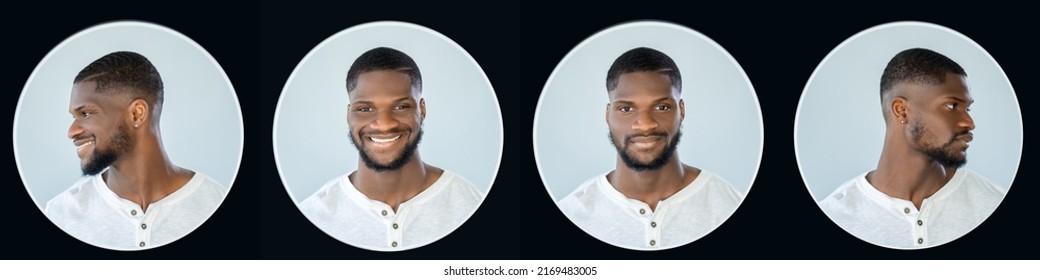 Man Face Collage. Advertising Flyer. Avatar Portrait. People Emotion. Set Of Different Guy Headshot Expression Isolated On Neutral Background In Black Round Icon Frame.