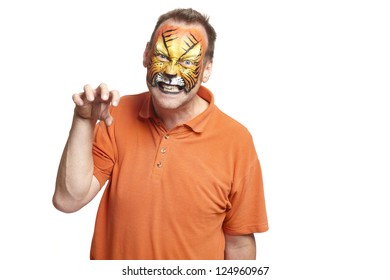 Man With Face Painting Tiger Growling On White Background