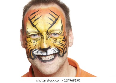 Man With Face Painting Tiger Smiling On White Background