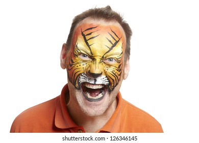 Man With Face Painting Tiger Smiling On White Background