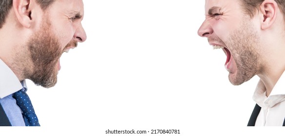 Man face portrait, banner with copy space. disrespect and contradiction. business partners blame each other. arguing businesspeople.