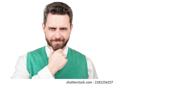 Man face portrait, banner with copy space. smiling businessman with beard in business casual style isolated on white background, charisma.