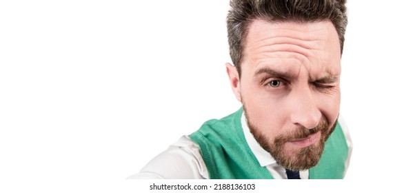 Man Face Portrait, Banner With Copy Space. Grizzled Man Closeup Portrait. Serious Mature Elegant Man With Beard Making Selfie.