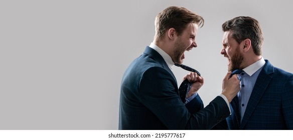 Man Face Portrait, Banner With Copy Space. Colleagues Have Disagreement And Conflict. Businessmen Face To Face. Disrespect And Contradiction.