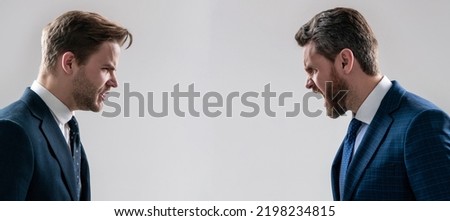 Man face portrait, banner with copy space. disagreed men partners. business competition. businessmeeting. struggle for leadership.