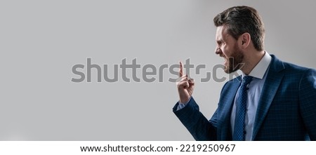 Man face portrait, banner with copy space. aggressive businessmeeting. struggle for leadership. displeased colleague dispute.